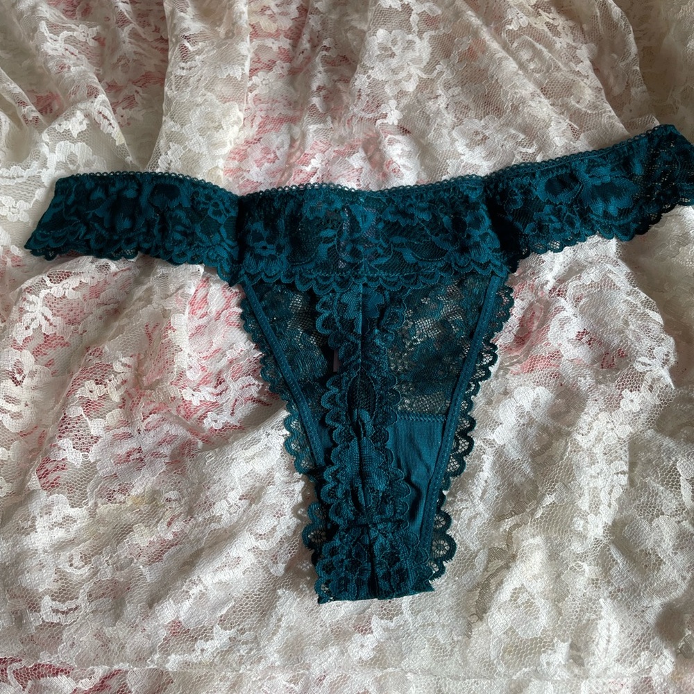 Savage X Fenty Teal Sheer Lace Lingerie Thong Panty. 
Tiny X charm on back. NEW